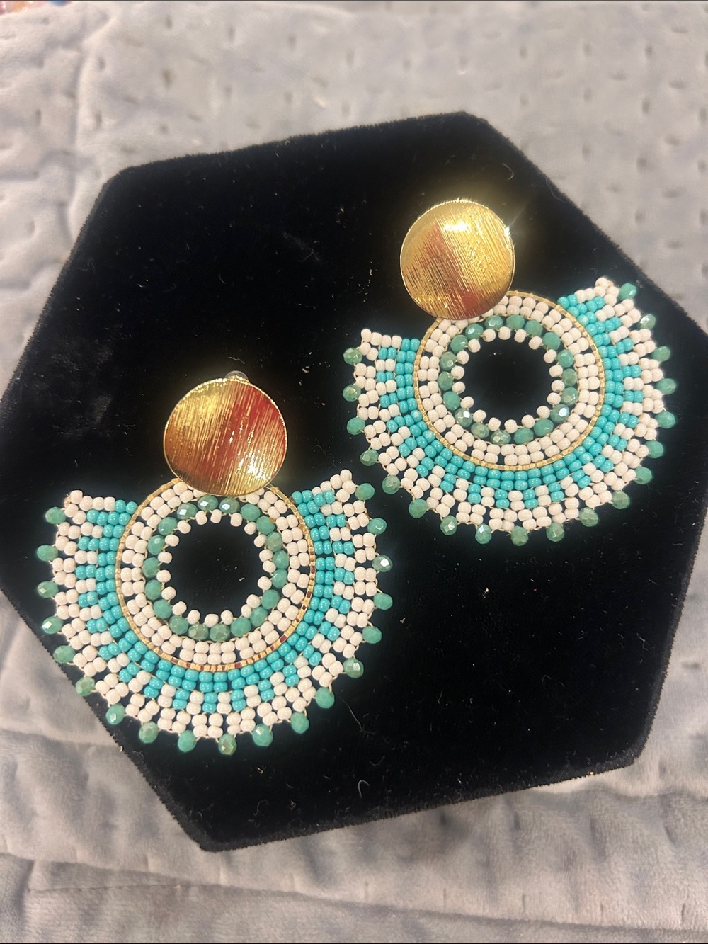 Turquoise & White Beaded Fan Drop Earrings-NWT